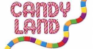 Candy Land in letters that look like candy canes with a multi-colored path snaking below them