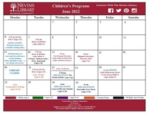 Screencap of the June 2022 Children's Programs calendar
