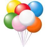 Seven multi colored balloons in one group together