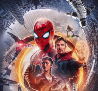 Movie poster with spider-man's head floating above doctor strange and Mary Jane
