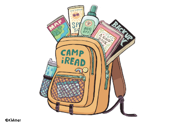 A orange backpack with the words Camp iRead on it filled with books, sunscreen, a map, and a water bottle