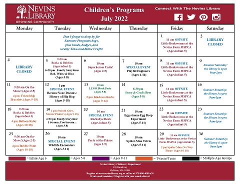 Screencap of the July 2022 Children's Programs calendar