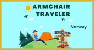 Drawing of a person sitting next to an orange tent on a hill with sign post in front of her and evergreen trees behind her and the word Norway next to the picture