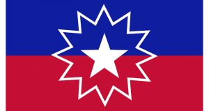 A white star surrounded by the white outline of a starburst in the middle of a pinkish red and blue background