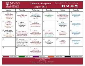 Screencap of the August 2022 Children's Programs calendar