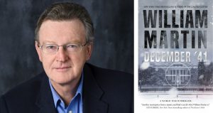 Photo of a greying haired light colored skin man wearing a blue shirt and black blazer next to a book cover "December '41 by William Martin'