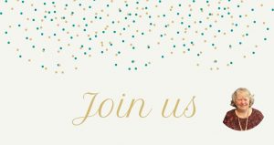 Blue and gold confetti raining down on the gold colored and cursive words, Join Us, next to a picture of a grey haired woman in a red patterned shirt