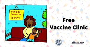 Drawing of a mother and son sitting on a couch under a yellow sign that says free shots here. The text Free Vaccine clinic next to the drawing and all on a background of ice cream cones