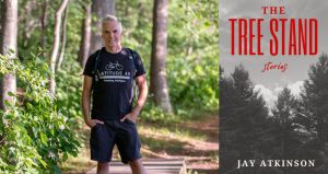 A collage that has a light skinned gray haired man in a t-shirt and shorts with his hands in his pockets standing on a bridge in the woods, and the cover of The Tree Stand Stories by Jay Atkinson