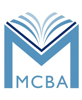 Blue M with the letters MCBA under it and pages of a book coming out of the middle of the M