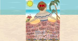 Art of a woman with a red flower in her brown hair and a pink skirt with various hispanic and latino countries written in it and a sun above her all on a beach and ocean background