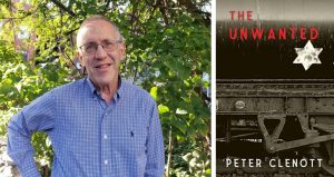 An image that contains of a balding man in glasses and a checked blue long sleeve shirt standing in front of greenery and the cover of The Unwanted by Peter Clenott