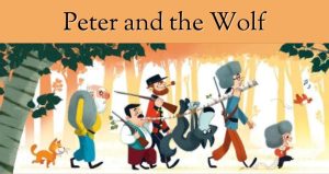 Drawing of an old stooped man, a short round man and tall redheaded man with guns and tall man in a grey hat carrying a wolf between them