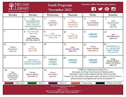 ScreenCap of the November 2022 Youth Programs Calendar