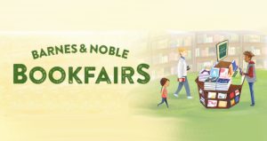 Words Barnes and Noble Bookfairs to the left and drawing of two people and a child looking at a display of books on the right