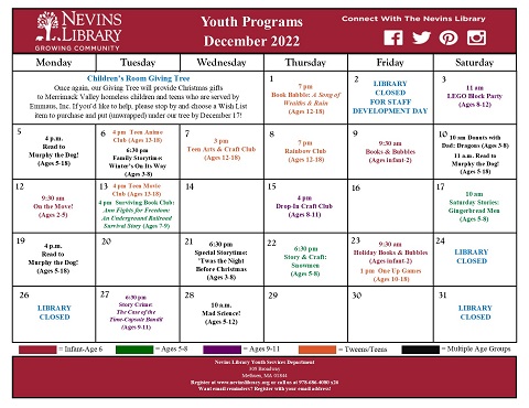 ScreenCap of the December 2022 Youth Programs Calendar