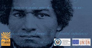 Frederick Douglas with a blue background and cursive writing over his picture