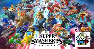 Collage of many different video game characters including Mario, Pikachu, MegaMan, Sonic, and others with the words Super Smash Bros Ultimate below them and the logo for OneUp Games, three mushrooms, in the lower right