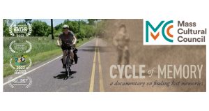 Light skinned man riding bike on road with grass to the side, next to a sepia toned blurred out person on the other side of the road. There's the Mass Cultural Council Logo above on that side and the words, Cycle of Memory: a documentary on finding lost memories below