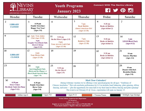 ScreenCap of the January 2023 Youth Programs Calendar