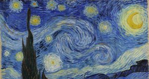 Painting by Vincent Van Gogh in Oil with a plant or tree in the foreground and a dark blue sky with swirls and yellow stars in the background