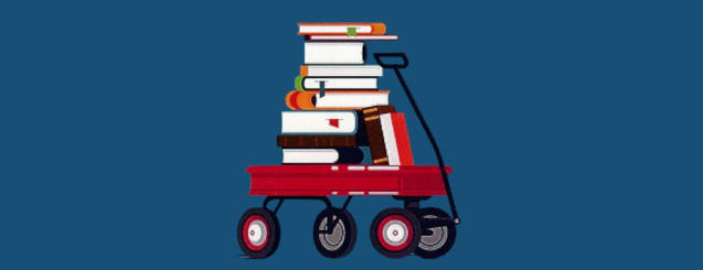 Red wagon with a pile of multicolored books on a blue background