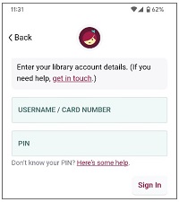 Screencap of Libby Login screen with one box that says Username/Card Number and the box below it says Pin