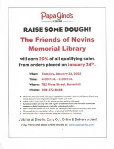 Papa Gino's Raise Some Dough! with the Friends of the Nevins Library Flyer