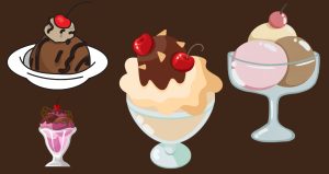 Four ice cream sundaes on a dark chocolate background