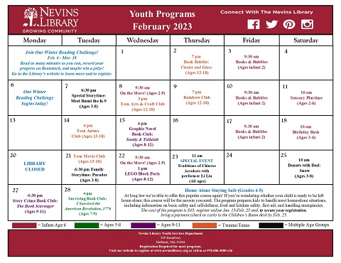 ScreenCap of the Feburary 2023 Youth Programs Calendar