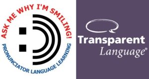 Ask Me Why I'm Smiling Sticker next to purple Transparent Language Logo