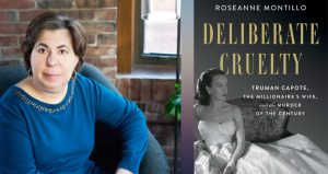 Woman with short dark hair in long sleeve blue shirt sitting in front of window, next to the book Deliberate Cruelty by Roseanne Montillo
