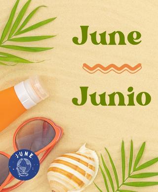 The words June and Junio next to two palm leaves, a tube of sunscreen lotion, orange sunglasses, and an orange and white shell