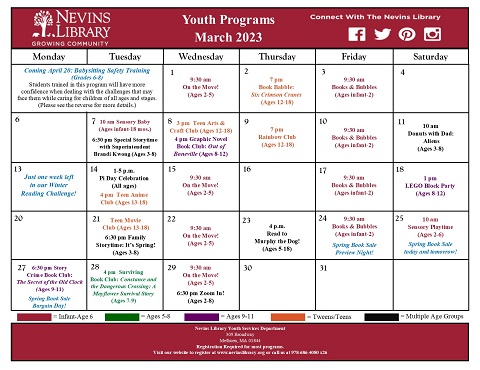ScreenCap of the March 2023 Youth Programs Calendar