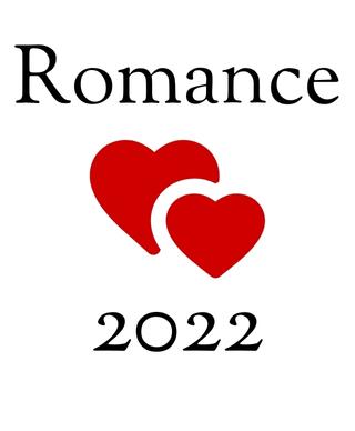 Two red drawn non-literal hearts that overlap between the words Romance and 2022