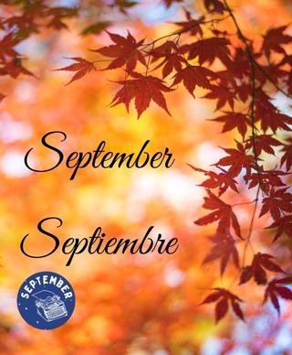 Various shades of orange leaves with the words September and Septiembre over them