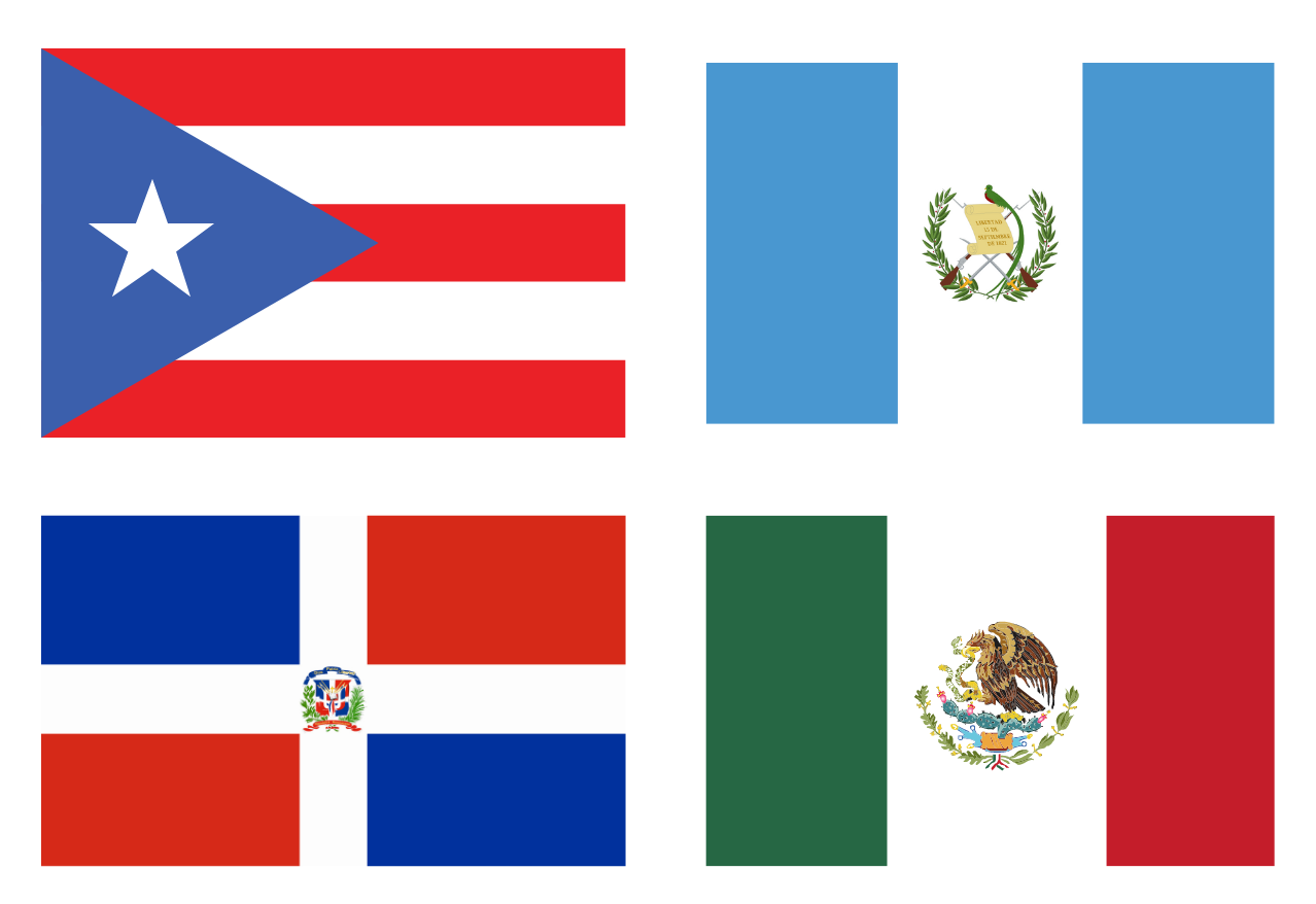 Puerto Rican Flag, Guatemalan Flag, Dominican Republic Flag, and Mexican flag