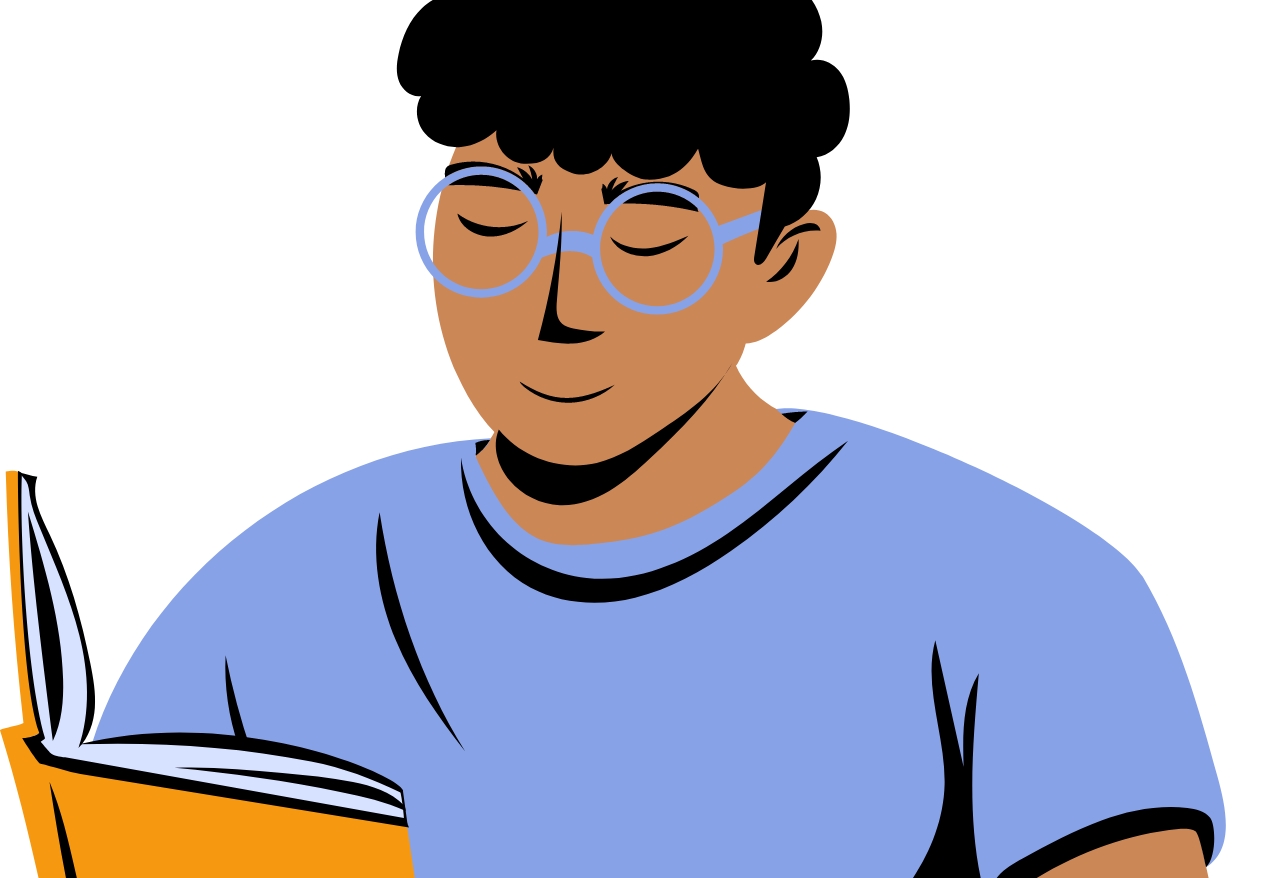 Young person with black hair, dark skin, and wearing a blue shirt and blue glasses reading a yellow book