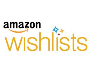 The Amazon logo with the word wishlists underneath with multi colored stars above the i in the word