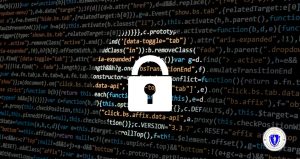Computer code on a black background with a white locked lock in the middle in a spotlight