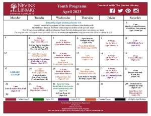 ScreenCap of the April 2023 Youth Programs Calendar