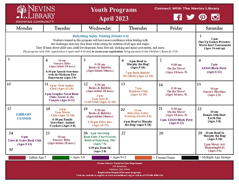 ScreenCap of the April 2023 Youth Programs Calendar