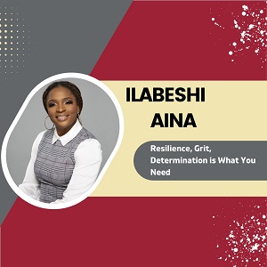 Photo of Ilabeshi Aina on a Grey and Maroon background with her name and speech title to the right