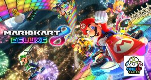 Mario, Luigi, and other Mario Kart characters racing on go karts with neon colors and a bright race track in the background