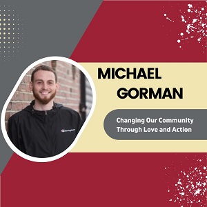 Photo of Michael Gorman on a Grey and Maroon background with his name and speech title to the right