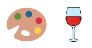 Painters palette to the left of a half full wine glass