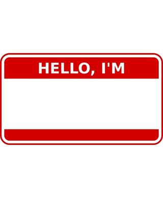 Red name tag with the words Hello, I'm at the top and empty white space below