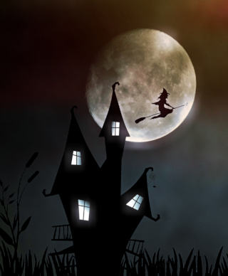 A crooked house and a witch flying away on a broom with a large moon in the background