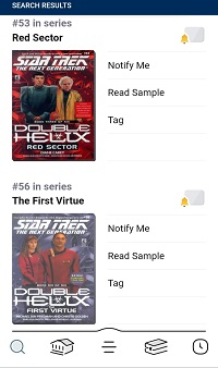 Libby search screen with the books Star Trek Double Helix: Red Sector and Star Trek Double Helix: First Virtue with two notify icons and the words Notify Me