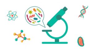 A Green microscope surrounded by various science symbols like a dna strand, an amoeba, a molecule